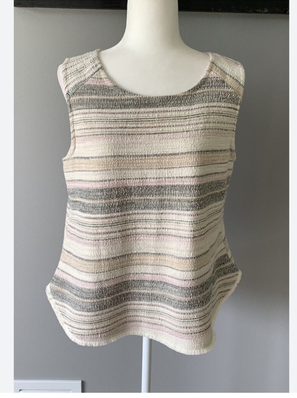 W5 Womens Knit Tweed Sleeveless Top Stripe Beige Cotton Blend Boho Work Office M